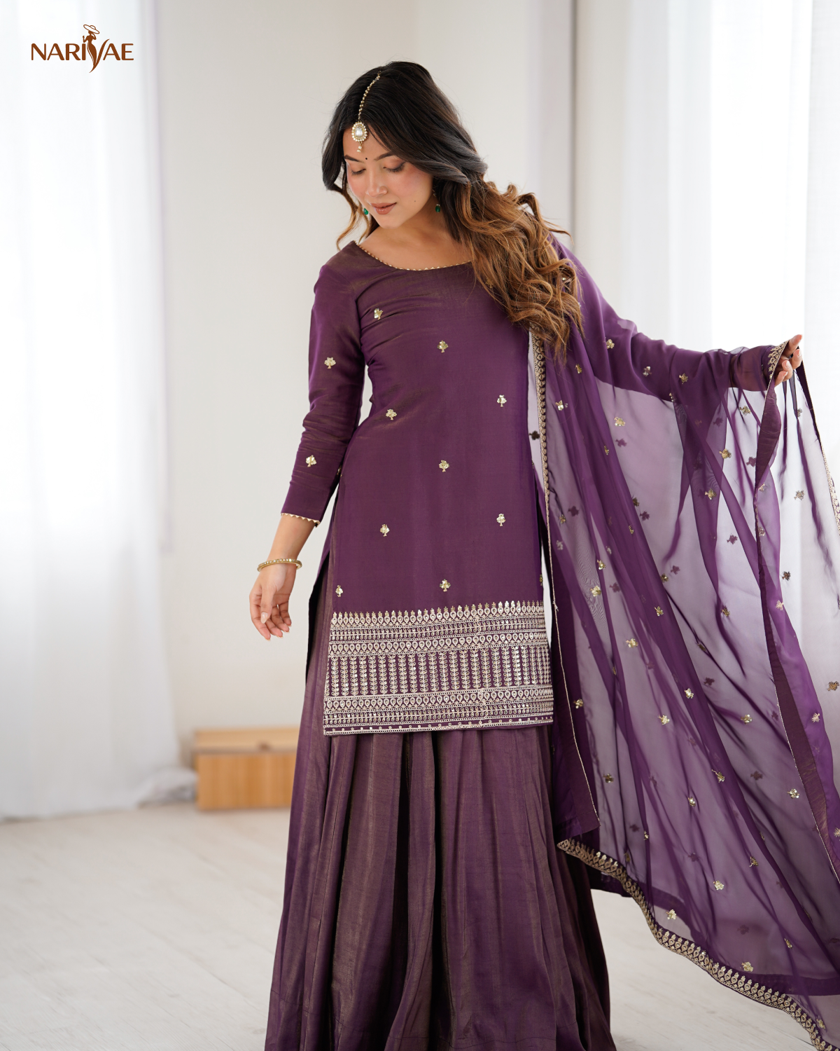 Kurta Lehenga Set in Roman Shimmer Chanderi Silk with Sequence, Dori & Zari Work | 4 Meter Flare Lehenga with Organza Dupatta | Fully Stitched Ready to Wear Ethnic Set for Women