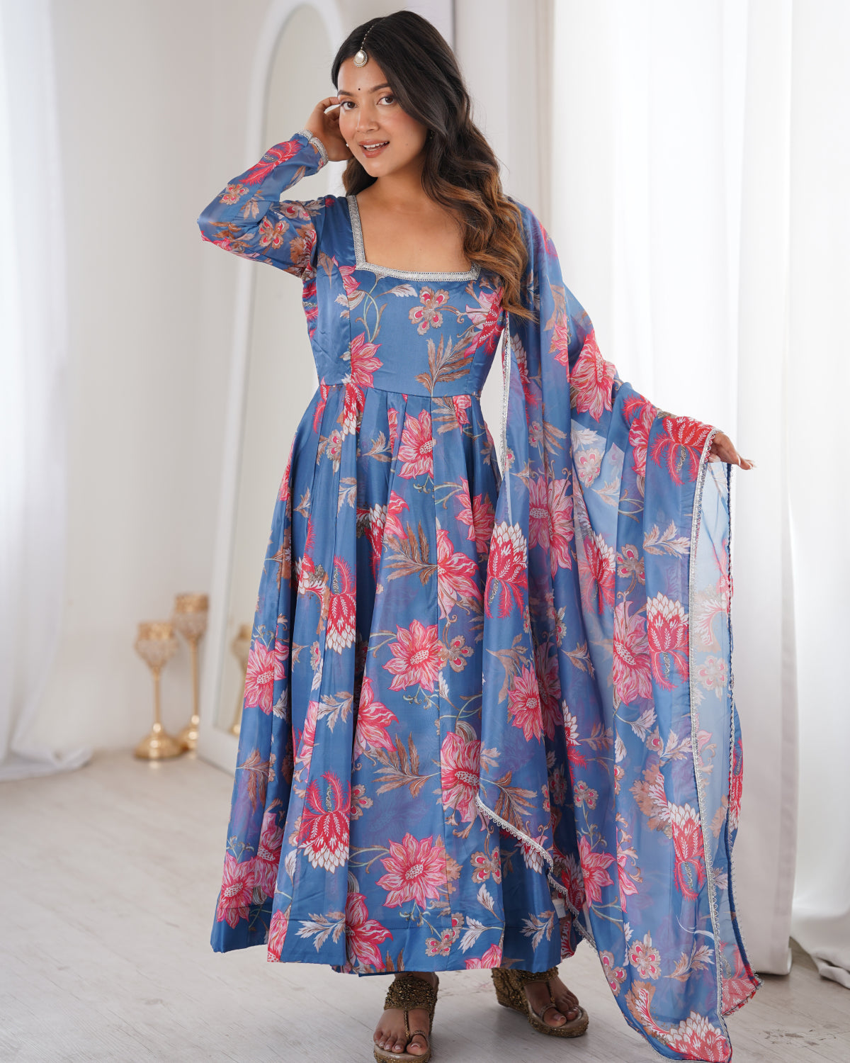 Floral Organza Anarkali Suit Set with Dupatta & Pant | Lightweight Festive Wear Gown for Women | Ready to Wear
