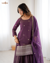 Kurta Lehenga Set in Roman Shimmer Chanderi Silk with Sequence, Dori & Zari Work | 4 Meter Flare Lehenga with Organza Dupatta | Fully Stitched Ready to Wear Ethnic Set for Women
