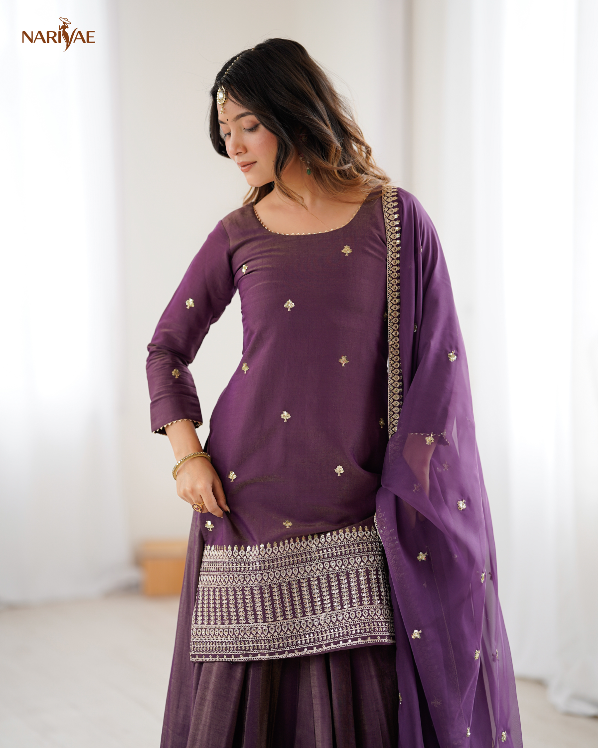 Kurta Lehenga Set in Roman Shimmer Chanderi Silk with Sequence, Dori & Zari Work | 4 Meter Flare Lehenga with Organza Dupatta | Fully Stitched Ready to Wear Ethnic Set for Women