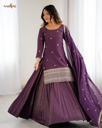 Kurta Lehenga Set in Roman Shimmer Chanderi Silk with Sequence, Dori & Zari Work | 4 Meter Flare Lehenga with Organza Dupatta | Fully Stitched Ready to Wear Ethnic Set for Women