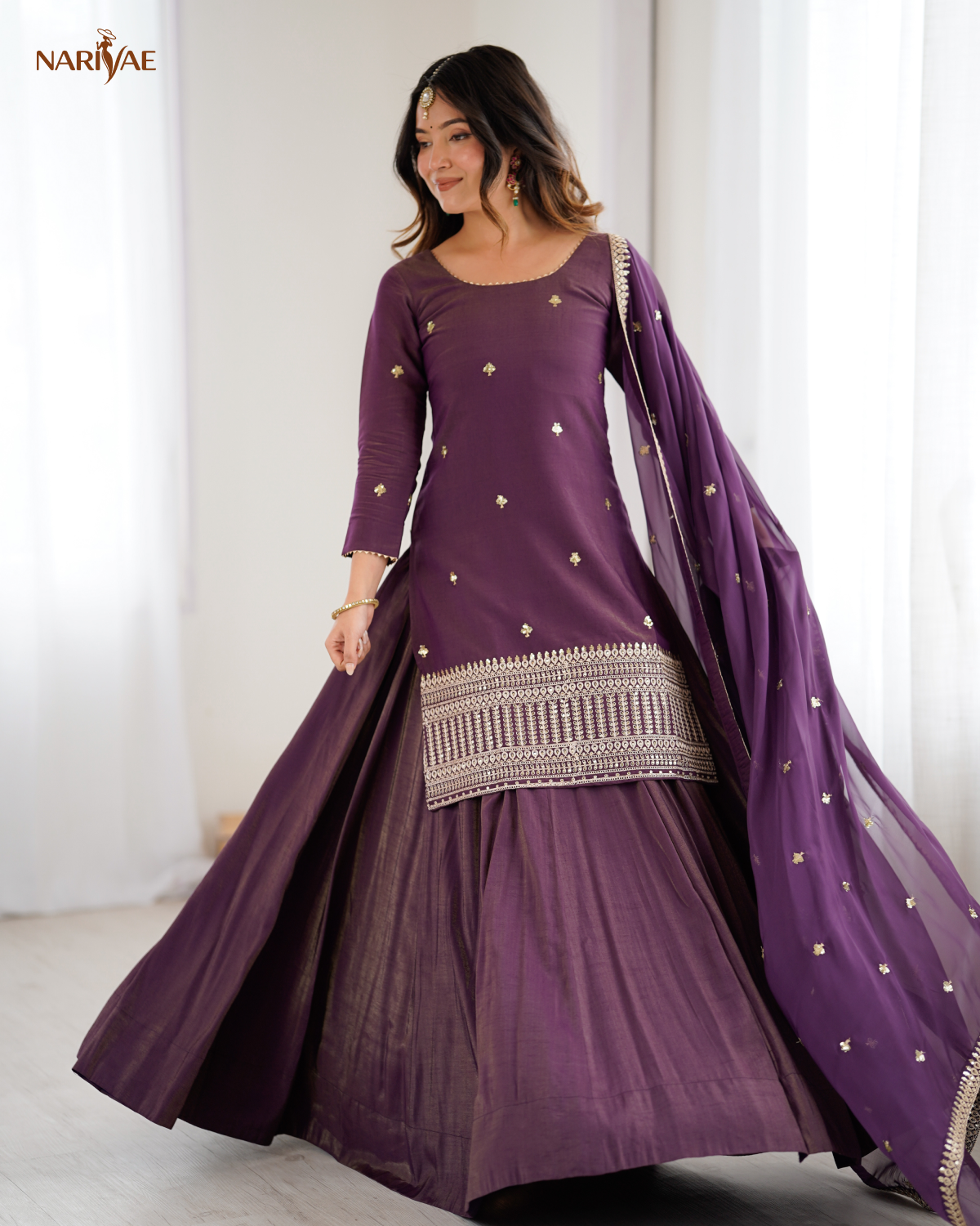 Kurta Lehenga Set in Roman Shimmer Chanderi Silk with Sequence, Dori & Zari Work | 4 Meter Flare Lehenga with Organza Dupatta | Fully Stitched Ready to Wear Ethnic Set for Women