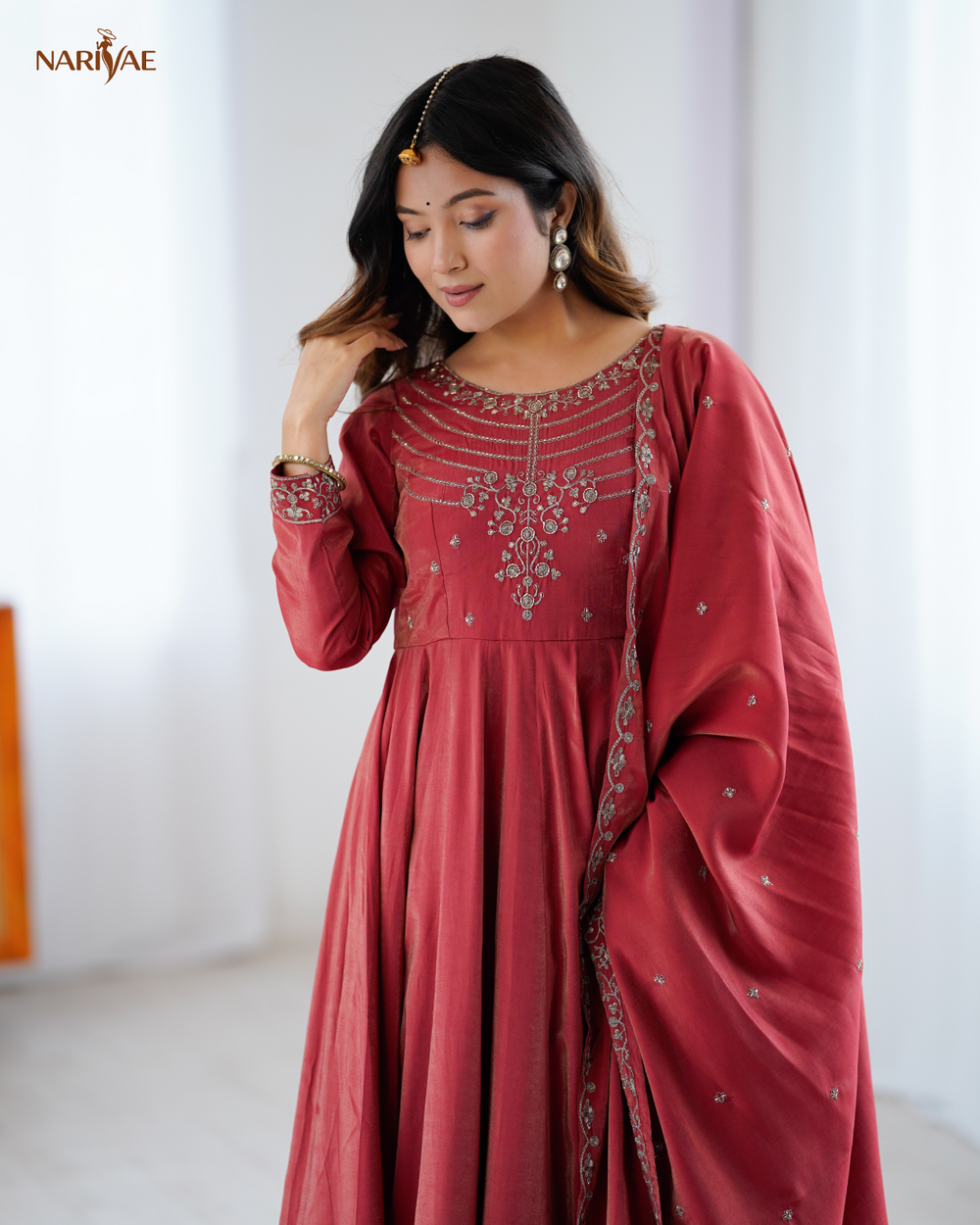 Anarkali Gown Set in Roman Shimmer Chanderi Silk with Handwork Beads | 16 Kali Full Flair with Pant & Dupatta | Fully Stitched Ready to Wear Ethnic Set for Women