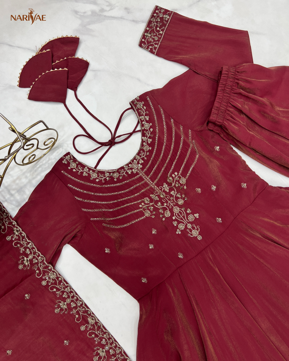 Anarkali Gown Set in Roman Shimmer Chanderi Silk with Handwork Beads | 16 Kali Full Flair with Pant & Dupatta | Fully Stitched Ready to Wear Ethnic Set for Women