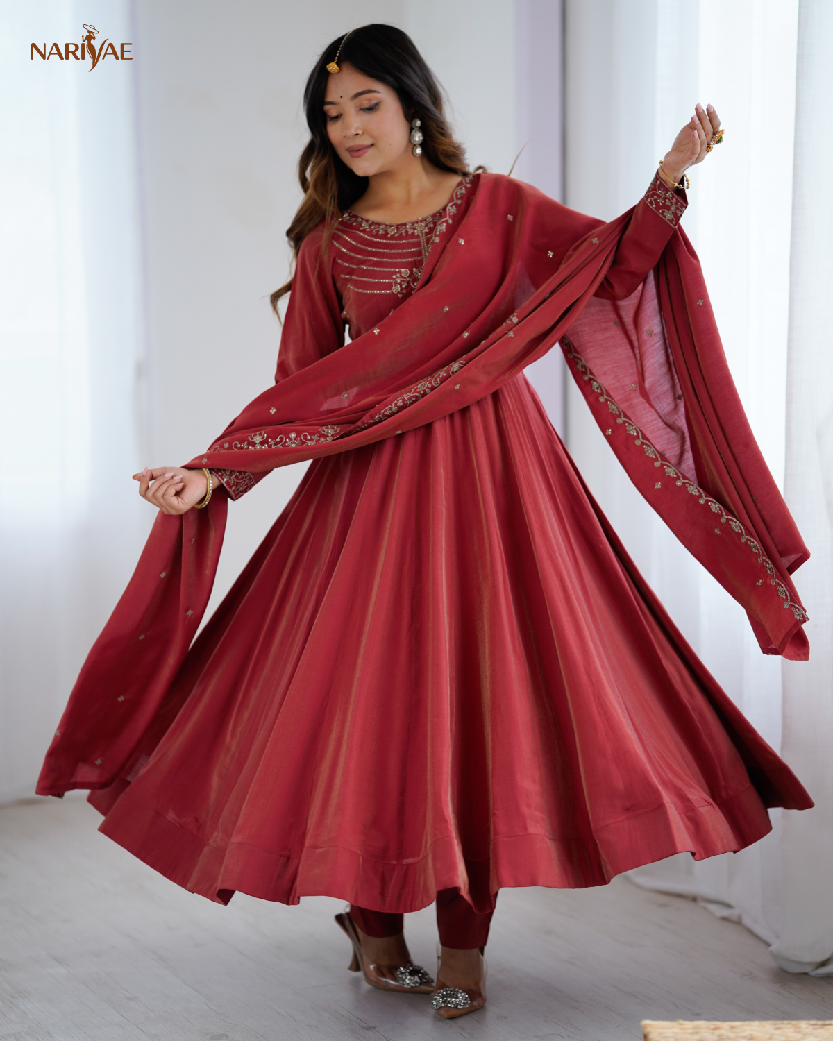 Anarkali Gown Set in Roman Shimmer Chanderi Silk with Handwork Beads | 16 Kali Full Flair with Pant & Dupatta | Fully Stitched Ready to Wear Ethnic Set for Women