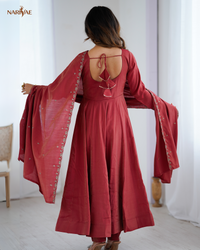 Anarkali Gown Set in Roman Shimmer Chanderi Silk with Handwork Beads | 16 Kali Full Flair with Pant & Dupatta | Fully Stitched Ready to Wear Ethnic Set for Women