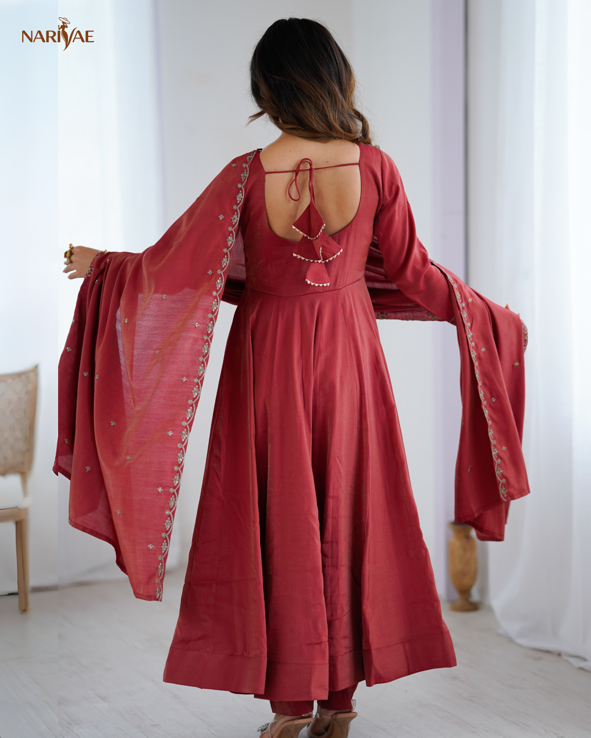 Anarkali Gown Set in Roman Shimmer Chanderi Silk with Handwork Beads | 16 Kali Full Flair with Pant & Dupatta | Fully Stitched Ready to Wear Ethnic Set for Women