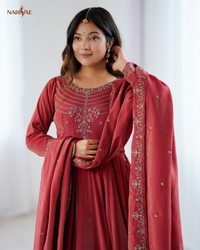 Anarkali Gown Set in Roman Shimmer Chanderi Silk with Handwork Beads | 16 Kali Full Flair with Pant & Dupatta | Fully Stitched Ready to Wear Ethnic Set for Women