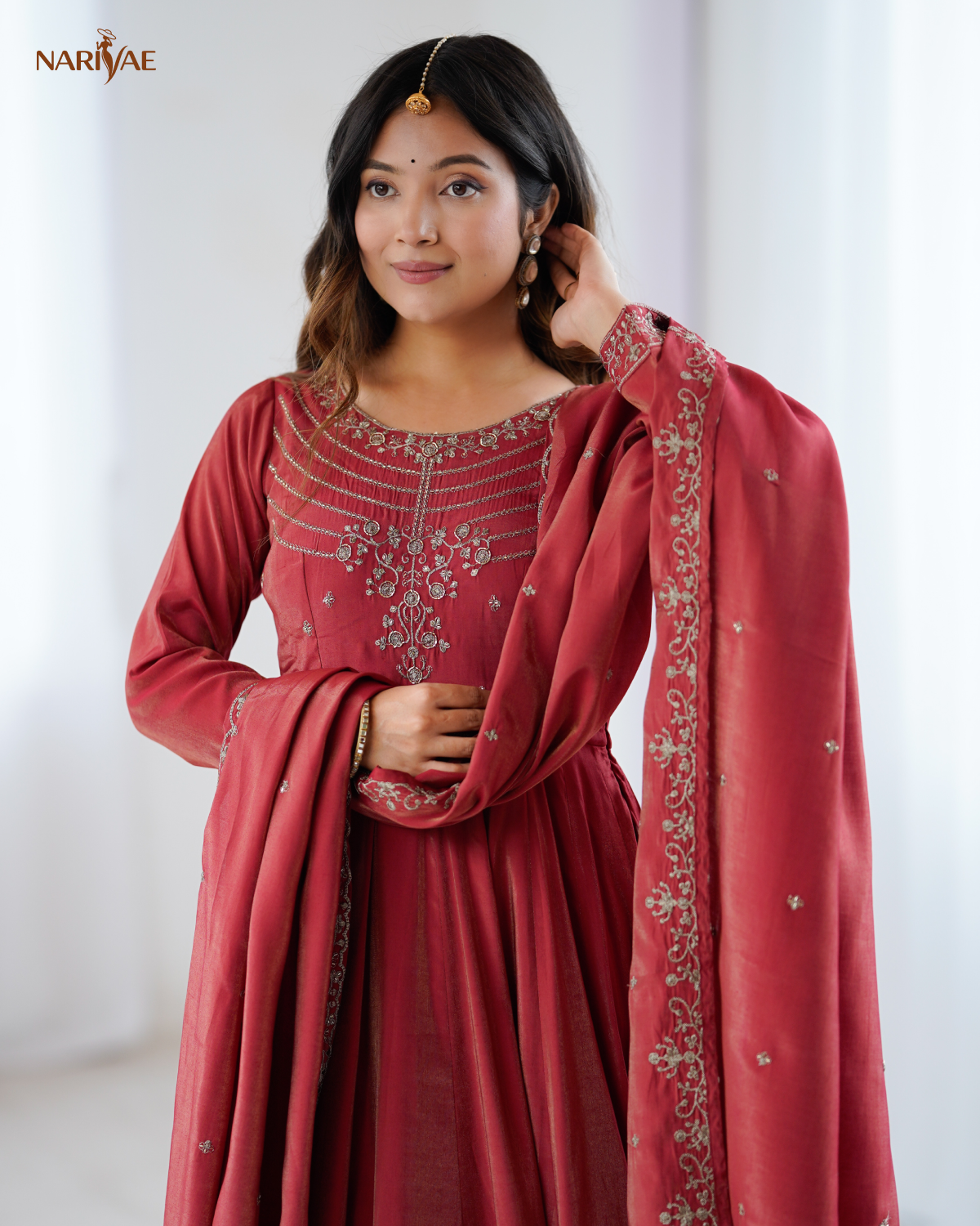 Anarkali Gown Set in Roman Shimmer Chanderi Silk with Handwork Beads | 16 Kali Full Flair with Pant & Dupatta | Fully Stitched Ready to Wear Ethnic Set for Women