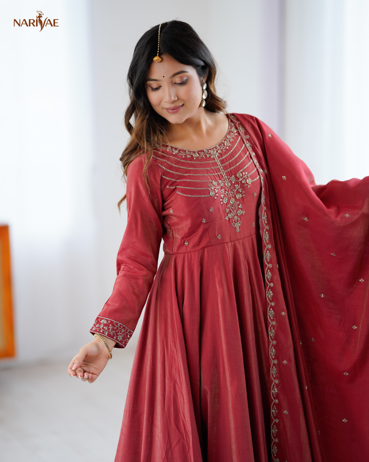 Anarkali Gown Set in Roman Shimmer Chanderi Silk with Handwork Beads | 16 Kali Full Flair with Pant & Dupatta | Fully Stitched Ready to Wear Ethnic Set for Women