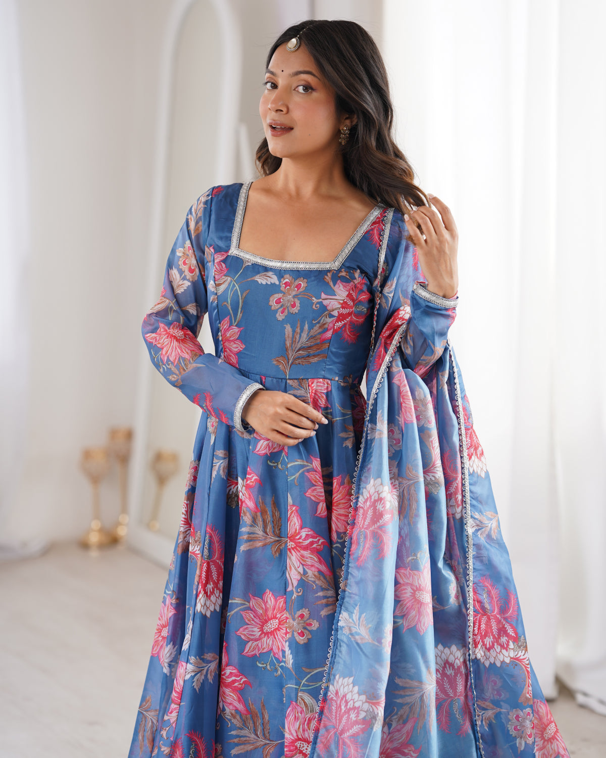 Floral Organza Anarkali Suit Set with Dupatta & Pant | Lightweight Festive Wear Gown for Women | Ready to Wear