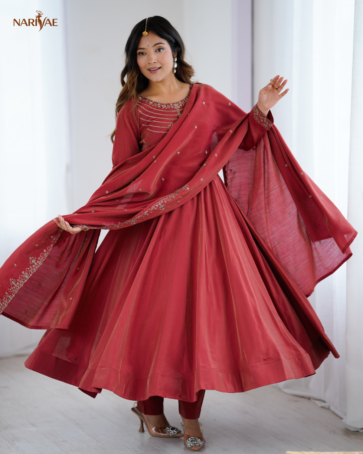 Anarkali Gown Set in Roman Shimmer Chanderi Silk with Handwork Beads | 16 Kali Full Flair with Pant & Dupatta | Fully Stitched Ready to Wear Ethnic Set for Women