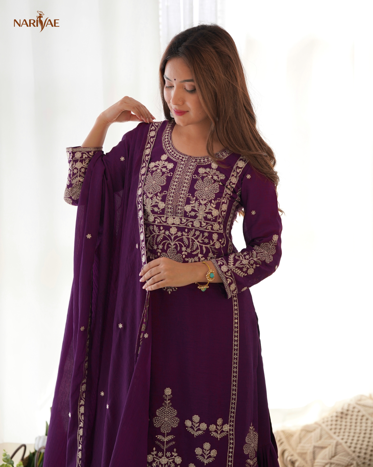 Sharara Set in Pure Chinnon Silk with Sequence & Zari Embroidery | Kediya Style Kurta with Flowy Sharara & Dupatta | Fully Stitched Ready to Wear Ethnic Set for Women
