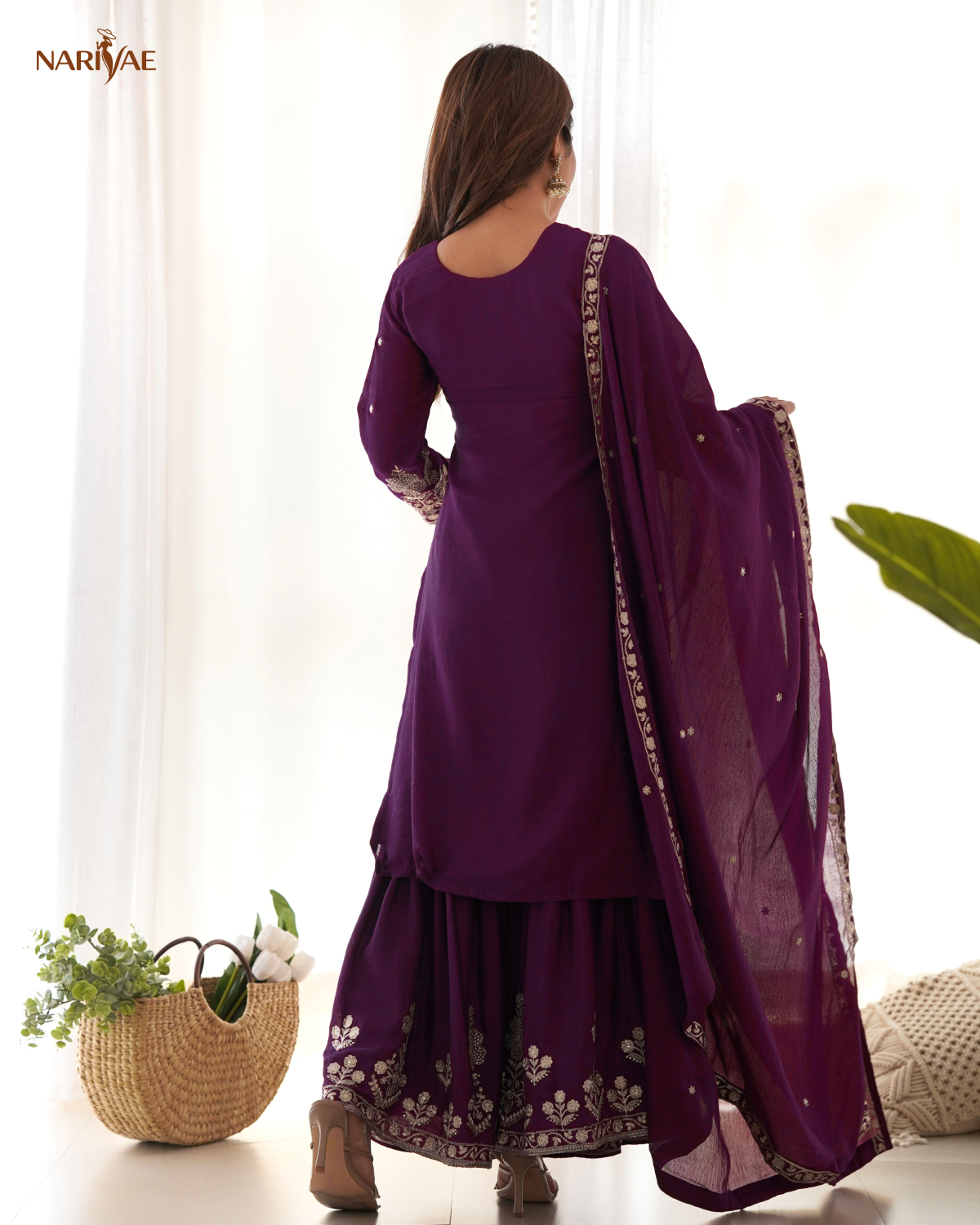 Sharara Set in Pure Chinnon Silk with Sequence & Zari Embroidery | Kediya Style Kurta with Flowy Sharara & Dupatta | Fully Stitched Ready to Wear Ethnic Set for Women