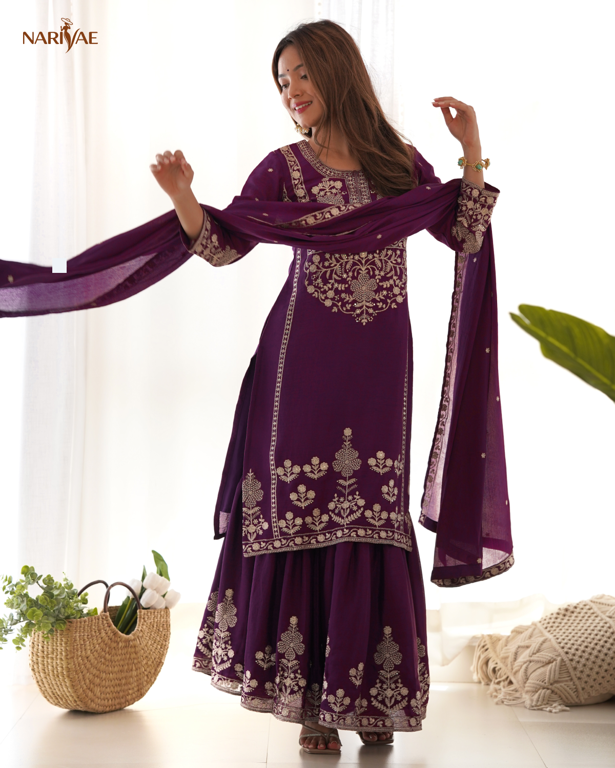 Sharara Set in Pure Chinnon Silk with Sequence & Zari Embroidery | Kediya Style Kurta with Flowy Sharara & Dupatta | Fully Stitched Ready to Wear Ethnic Set for Women