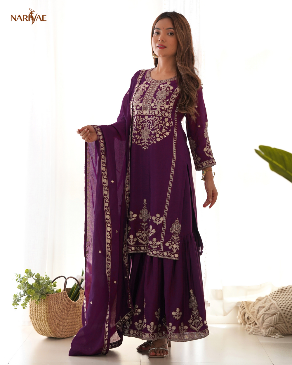 Sharara Set in Pure Chinnon Silk with Sequence & Zari Embroidery | Kediya Style Kurta with Flowy Sharara & Dupatta | Fully Stitched Ready to Wear Ethnic Set for Women