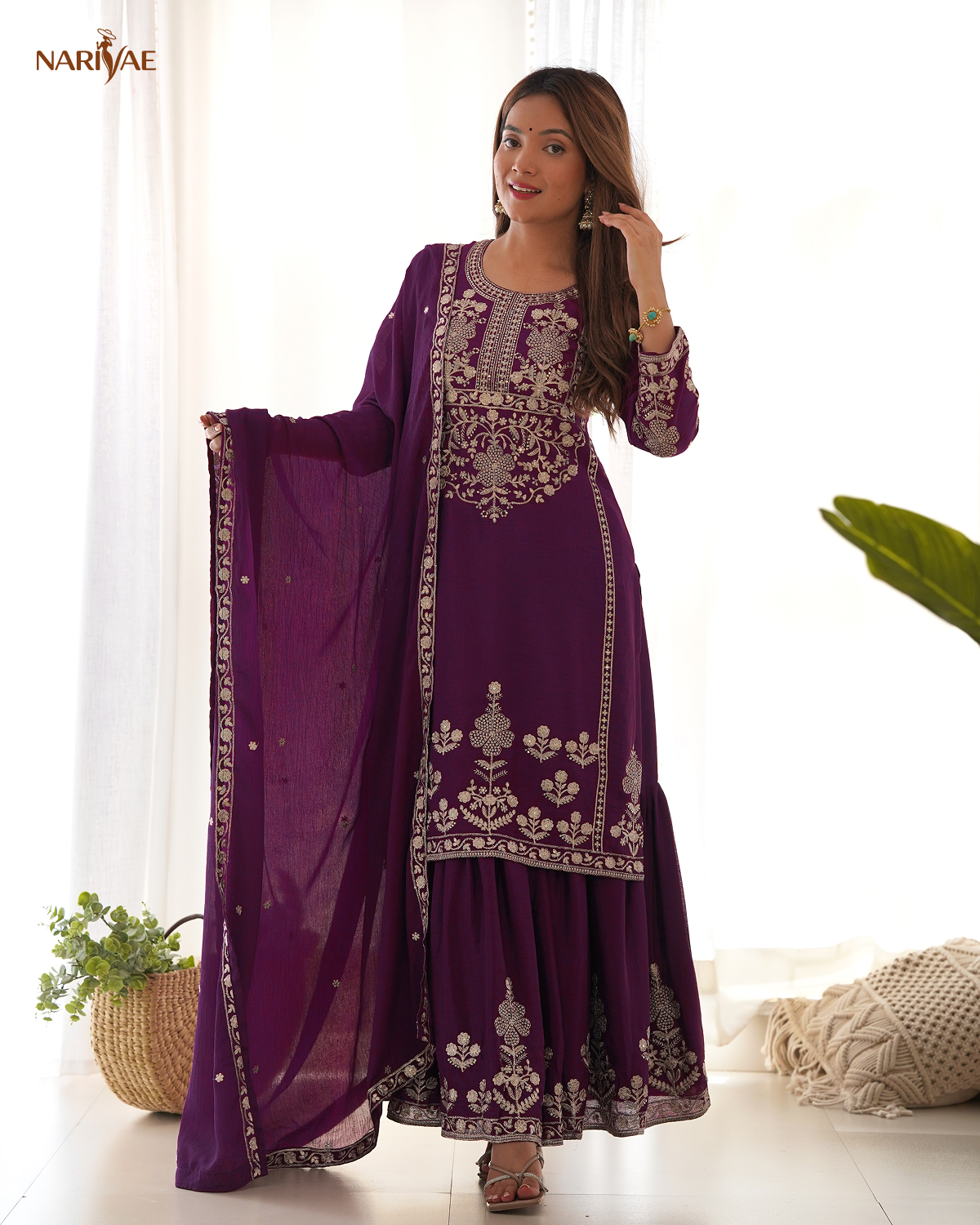 Sharara Set in Pure Chinnon Silk with Sequence & Zari Embroidery | Kediya Style Kurta with Flowy Sharara & Dupatta | Fully Stitched Ready to Wear Ethnic Set for Women