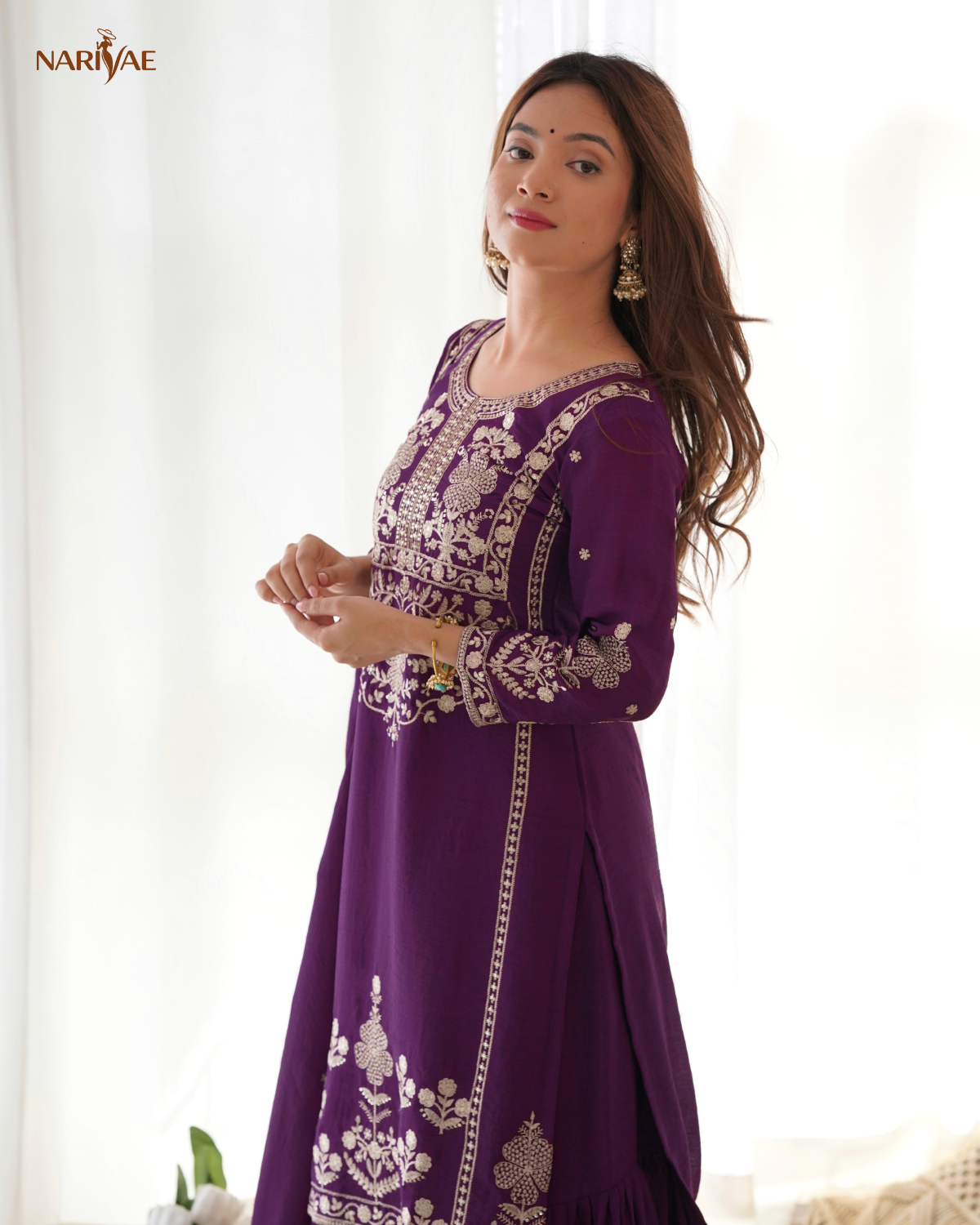 Sharara Set in Pure Chinnon Silk with Sequence & Zari Embroidery | Kediya Style Kurta with Flowy Sharara & Dupatta | Fully Stitched Ready to Wear Ethnic Set for Women