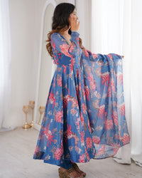 Floral Organza Anarkali Suit Set with Dupatta & Pant | Lightweight Festive Wear Gown for Women | Ready to Wear