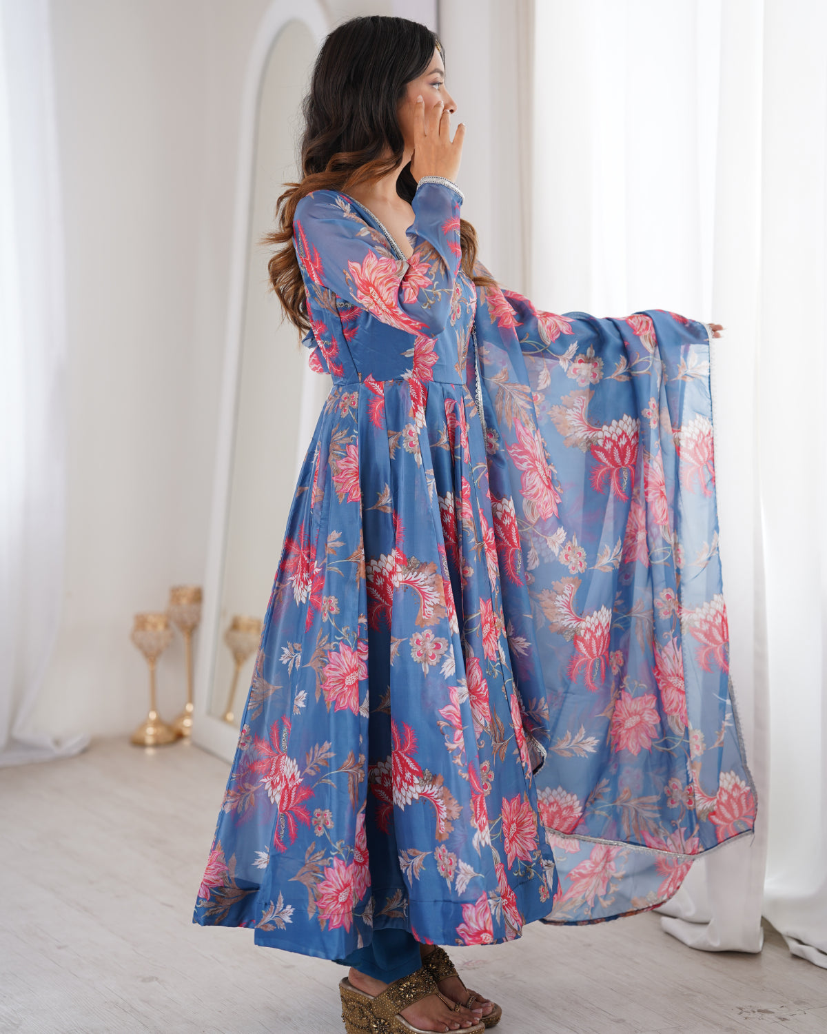 Floral Organza Anarkali Suit Set with Dupatta & Pant | Lightweight Festive Wear Gown for Women | Ready to Wear