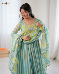 Floral Print Organza Anarkali Suit Set with Dupatta & Pant | Kali Cut 4+ Meter Flair with Canvas Patta | Fully Stitched Ready to Wear Ethnic Set for Women