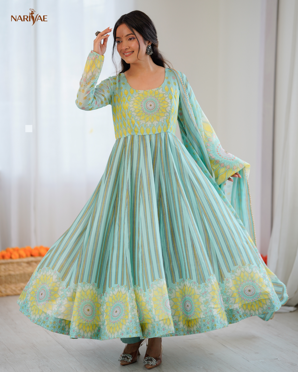 Floral Print Organza Anarkali Suit Set with Dupatta & Pant | Kali Cut 4+ Meter Flair with Canvas Patta | Fully Stitched Ready to Wear Ethnic Set for Women