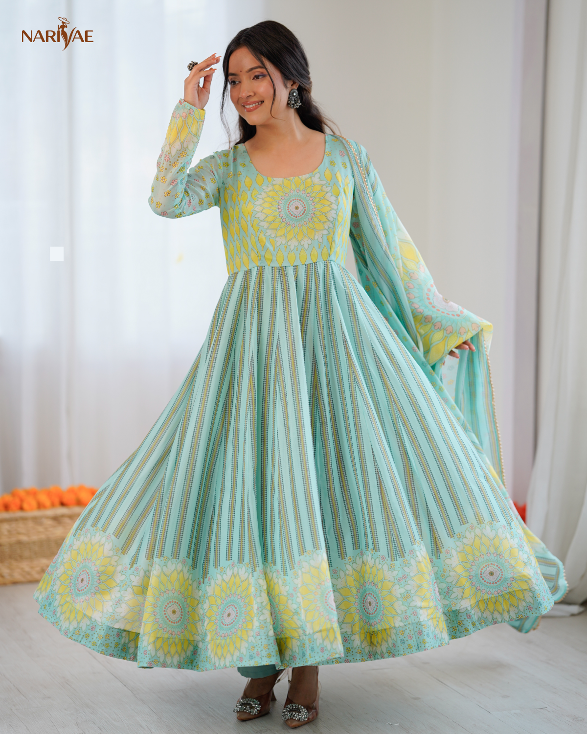 Floral Print Organza Anarkali Suit Set with Dupatta & Pant | Kali Cut 4+ Meter Flair with Canvas Patta | Fully Stitched Ready to Wear Ethnic Set for Women
