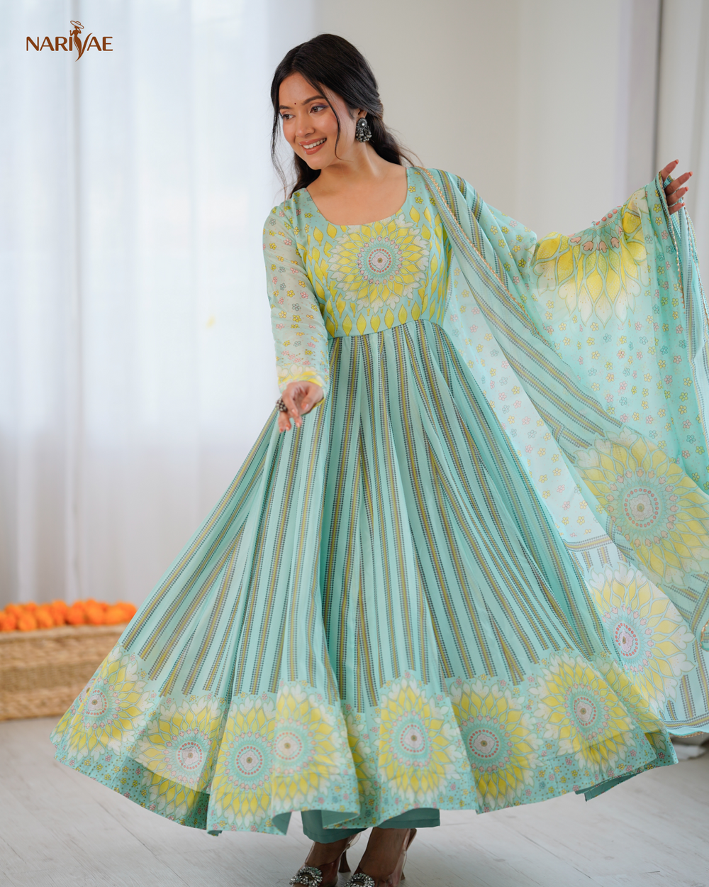 Floral Print Organza Anarkali Suit Set with Dupatta & Pant | Kali Cut 4+ Meter Flair with Canvas Patta | Fully Stitched Ready to Wear Ethnic Set for Women