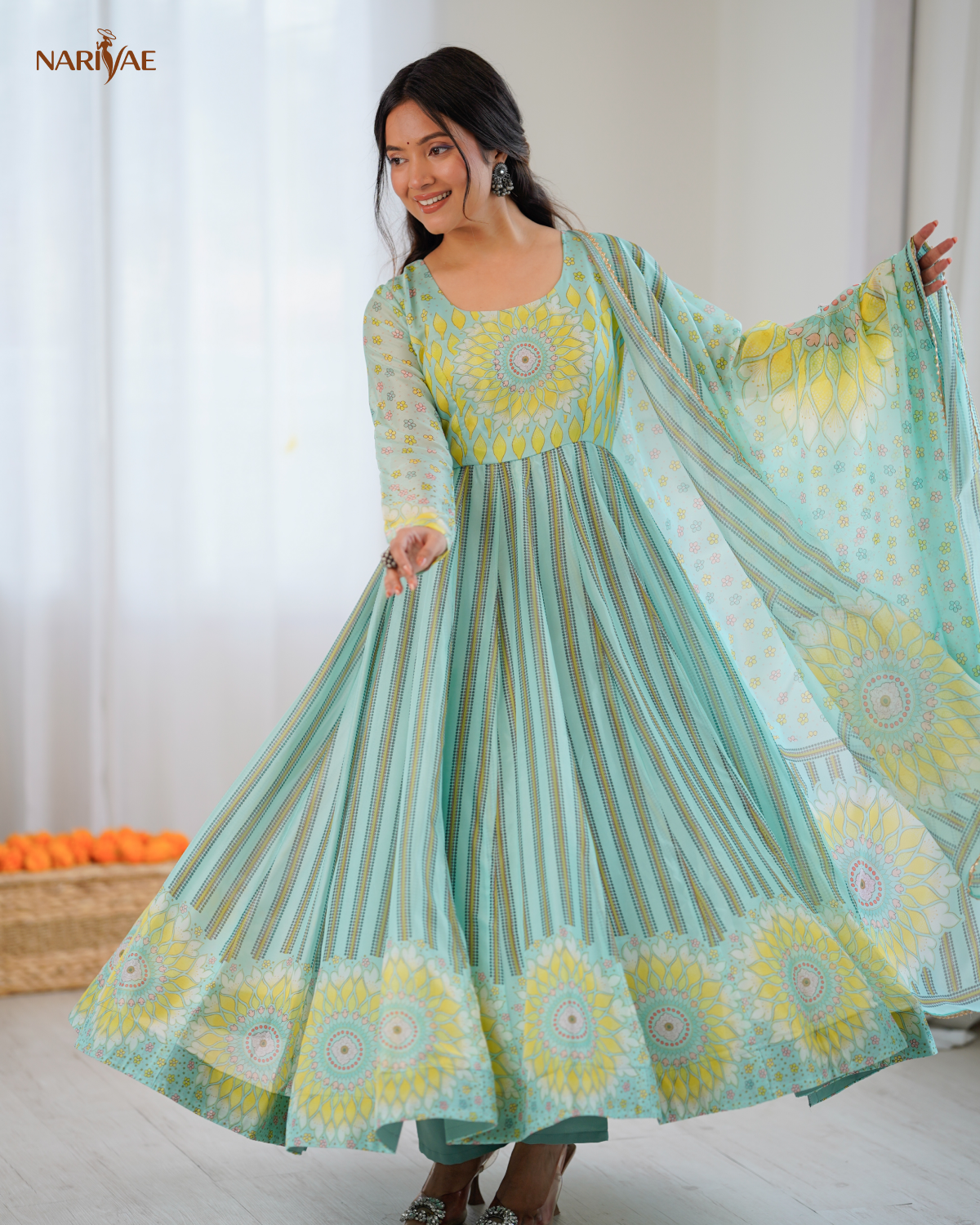 Floral Print Organza Anarkali Suit Set with Dupatta & Pant | Kali Cut 4+ Meter Flair with Canvas Patta | Fully Stitched Ready to Wear Ethnic Set for Women