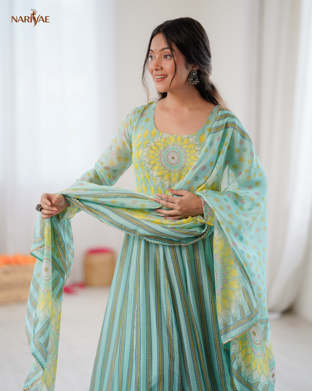 Floral Print Organza Anarkali Suit Set with Dupatta & Pant | Kali Cut 4+ Meter Flair with Canvas Patta | Fully Stitched Ready to Wear Ethnic Set for Women