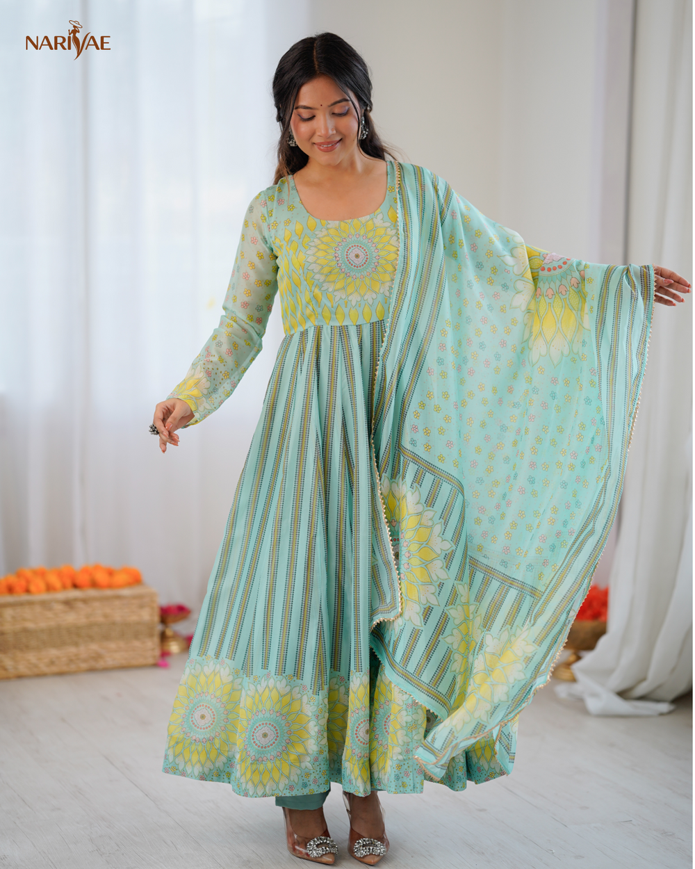 Floral Print Organza Anarkali Suit Set with Dupatta & Pant | Kali Cut 4+ Meter Flair with Canvas Patta | Fully Stitched Ready to Wear Ethnic Set for Women