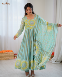 Floral Print Organza Anarkali Suit Set with Dupatta & Pant | Kali Cut 4+ Meter Flair with Canvas Patta | Fully Stitched Ready to Wear Ethnic Set for Women