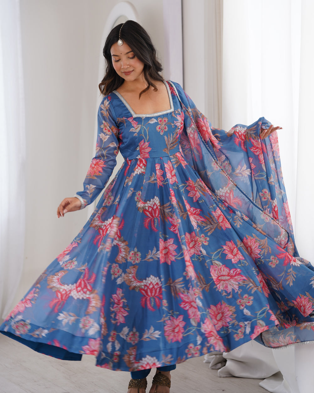 Floral Organza Anarkali Suit Set with Dupatta & Pant | Lightweight Festive Wear Gown for Women | Ready to Wear