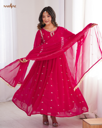 Sequence Embroidered Georgette Gown Set with Dupatta & Pant | 4 Meter Flare | Fully Stitched Ready to Wear Ethnic Set for Women