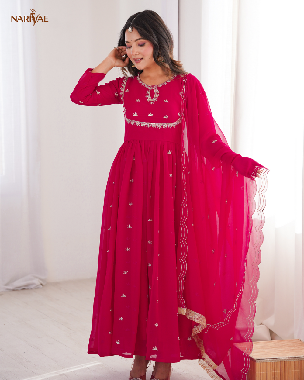 Sequence Embroidered Georgette Gown Set with Dupatta & Pant | 4 Meter Flare | Fully Stitched Ready to Wear Ethnic Set for Women