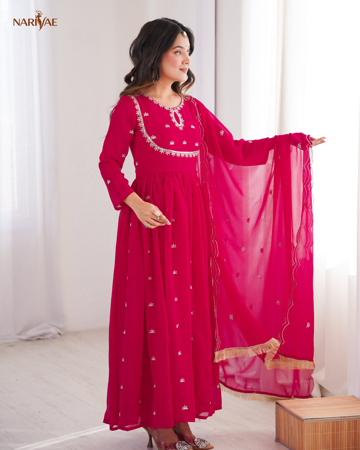 Sequence Embroidered Georgette Gown Set with Dupatta & Pant | 4 Meter Flare | Fully Stitched Ready to Wear Ethnic Set for Women