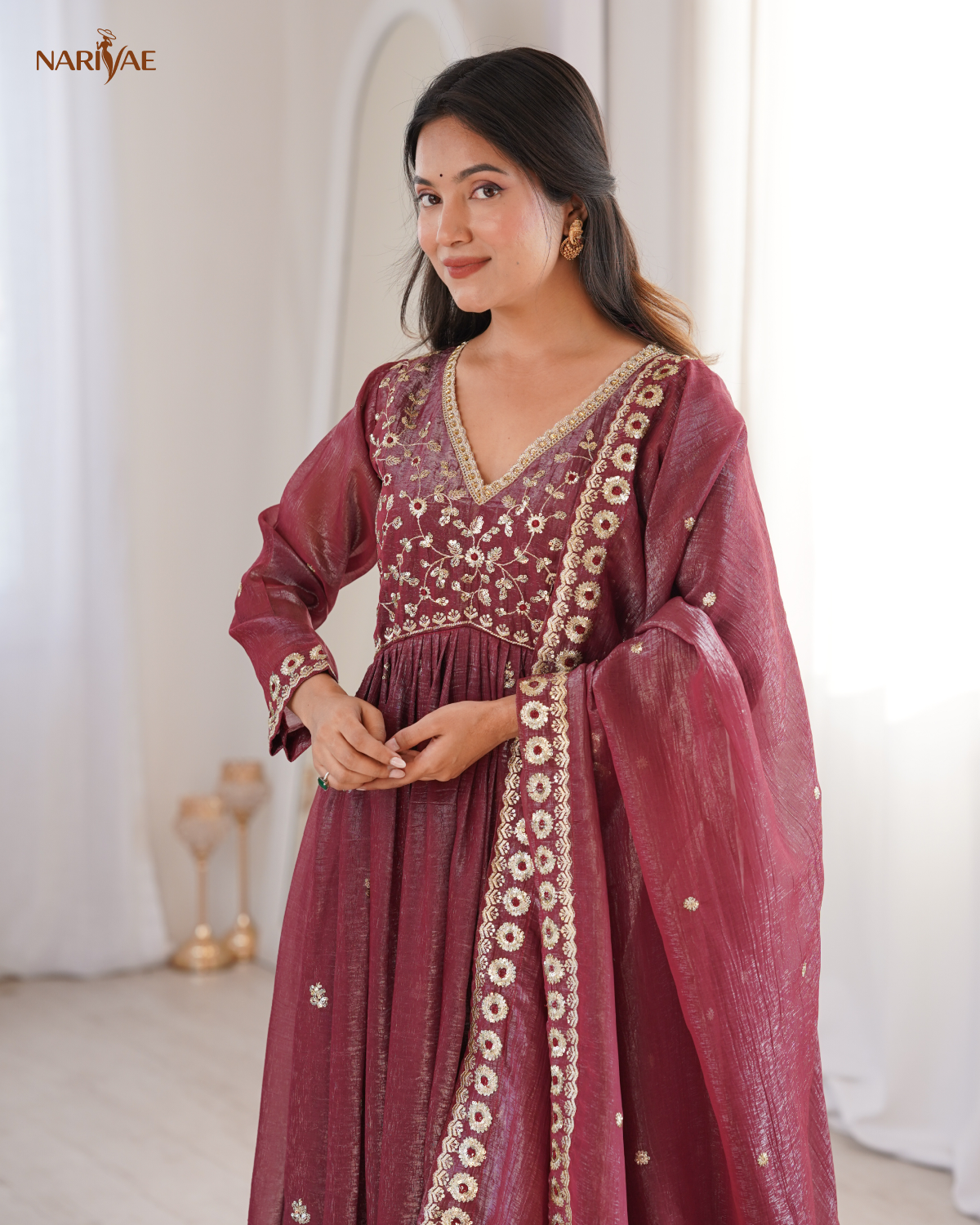 Gown Set in Crunchy Fabric with Sequin Embroidery | Dupatta & Pant | Fully Stitched Ready to Wear Ethnic Wear for Women