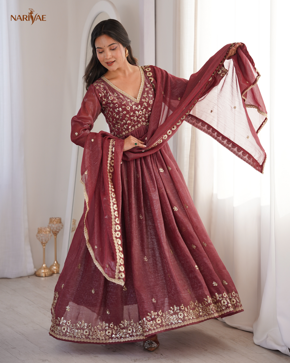 Gown Set in Crunchy Fabric with Sequin Embroidery | Dupatta & Pant | Fully Stitched Ready to Wear Ethnic Wear for Women