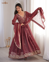 Gown Set in Crunchy Fabric with Sequin Embroidery | Dupatta & Pant | Fully Stitched Ready to Wear Ethnic Wear for Women