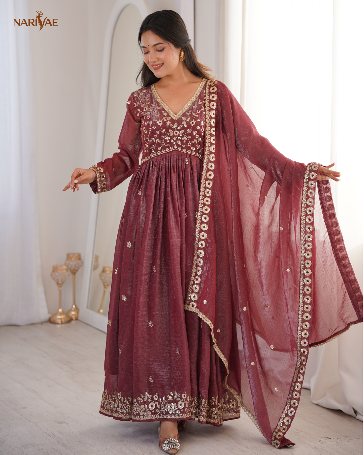 Gown Set in Crunchy Fabric with Sequin Embroidery | Dupatta & Pant | Fully Stitched Ready to Wear Ethnic Wear for Women