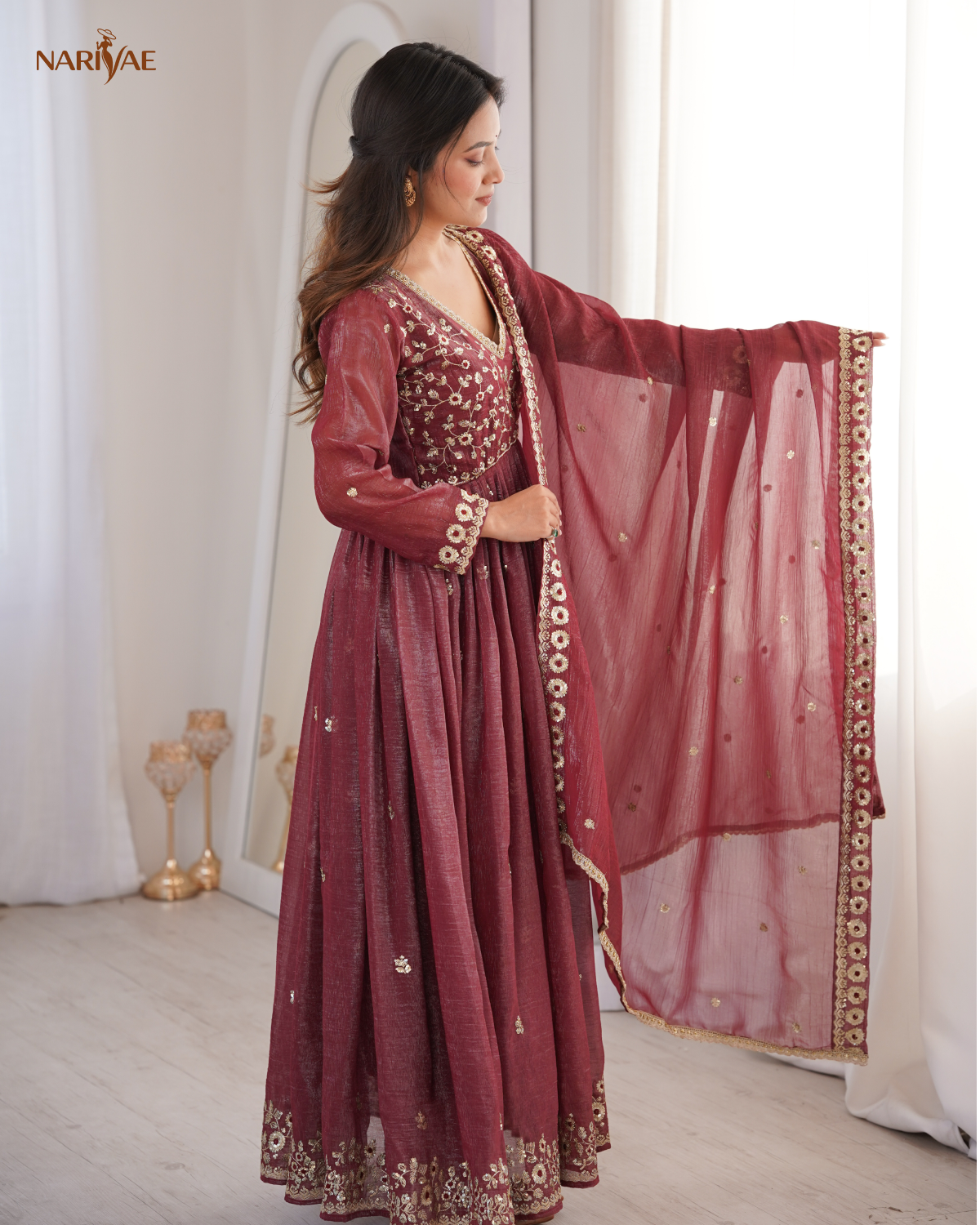 Gown Set in Crunchy Fabric with Sequin Embroidery | Dupatta & Pant | Fully Stitched Ready to Wear Ethnic Wear for Women