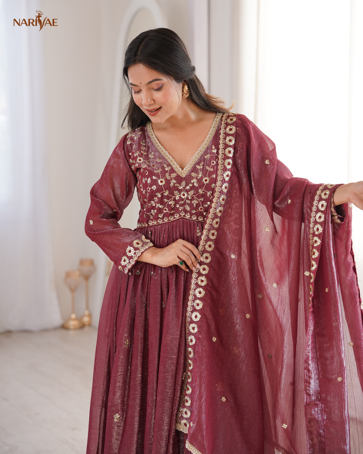 Gown Set in Crunchy Fabric with Sequin Embroidery | Dupatta & Pant | Fully Stitched Ready to Wear Ethnic Wear for Women