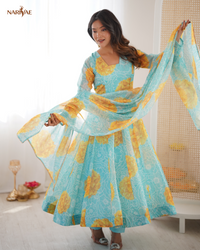 Floral Print Organza Anarkali Suit Set with Dupatta & Pant | Kali Cut 4 Meter Flare with Canvas Patta | Fully Stitched Ready to Wear Ethnic Set for Women
