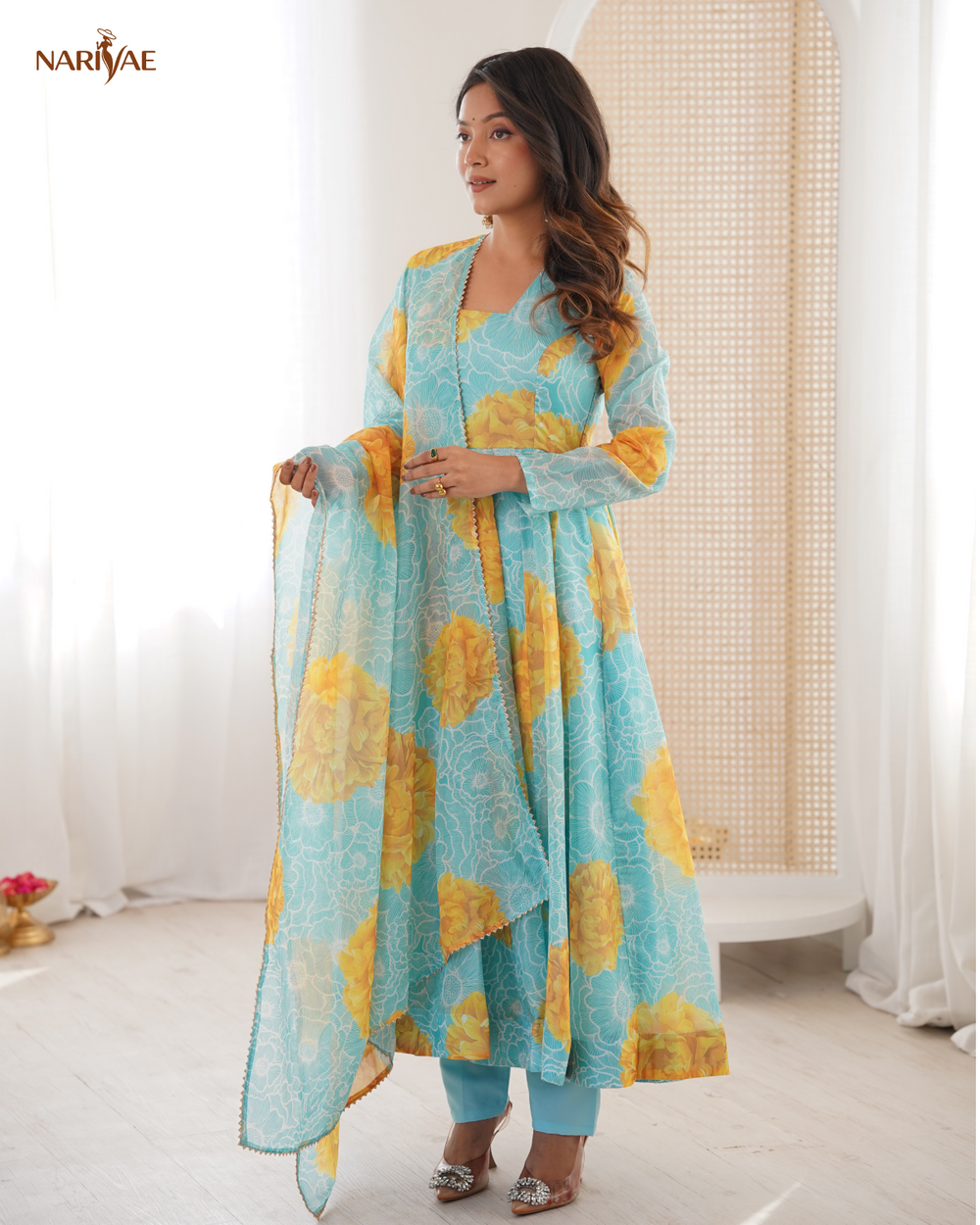 Floral Print Organza Anarkali Suit Set with Dupatta & Pant | Kali Cut 4 Meter Flare with Canvas Patta | Fully Stitched Ready to Wear Ethnic Set for Women