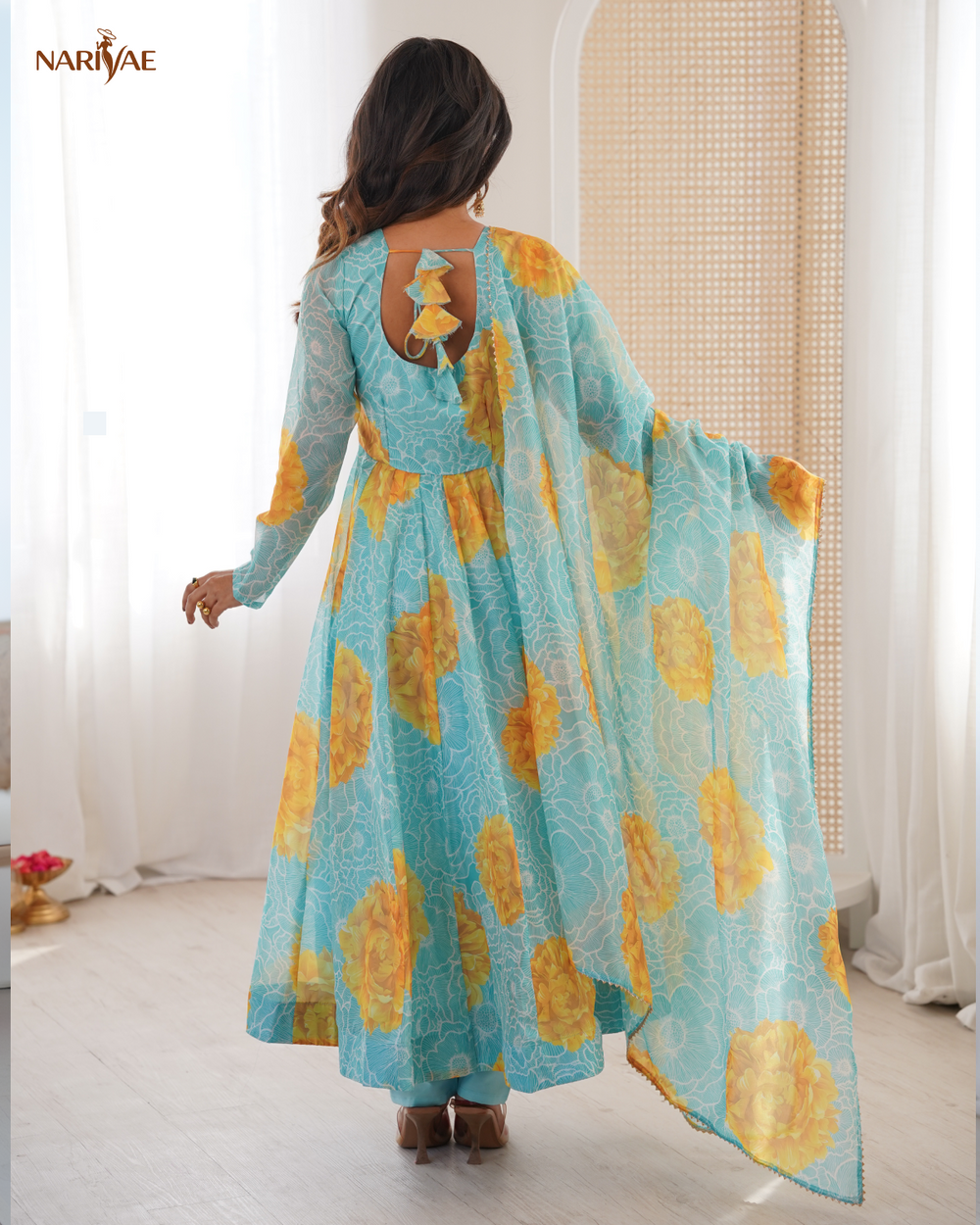Floral Print Organza Anarkali Suit Set with Dupatta & Pant | Kali Cut 4 Meter Flare with Canvas Patta | Fully Stitched Ready to Wear Ethnic Set for Women