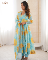 Floral Print Organza Anarkali Suit Set with Dupatta & Pant | Kali Cut 4 Meter Flare with Canvas Patta | Fully Stitched Ready to Wear Ethnic Set for Women