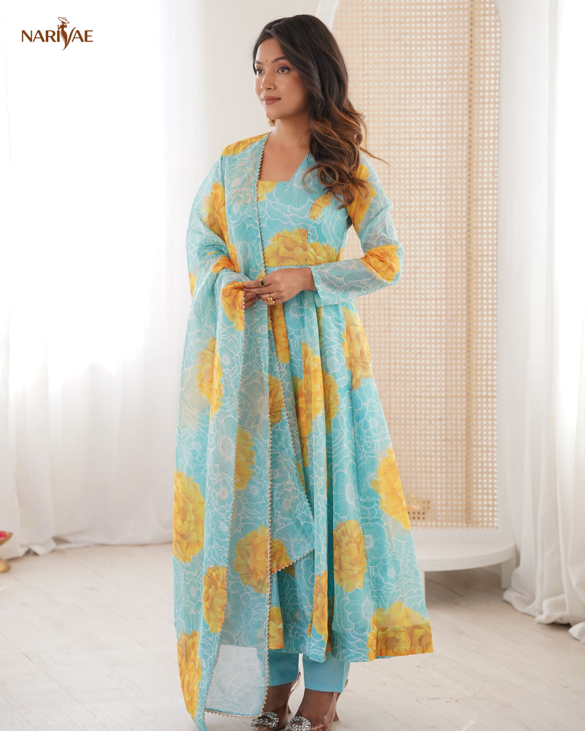 Floral Print Organza Anarkali Suit Set with Dupatta & Pant | Kali Cut 4 Meter Flare with Canvas Patta | Fully Stitched Ready to Wear Ethnic Set for Women