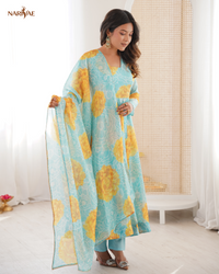 Floral Print Organza Anarkali Suit Set with Dupatta & Pant | Kali Cut 4 Meter Flare with Canvas Patta | Fully Stitched Ready to Wear Ethnic Set for Women