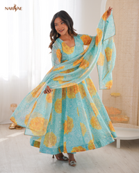 Floral Print Organza Anarkali Suit Set with Dupatta & Pant | Kali Cut 4 Meter Flare with Canvas Patta | Fully Stitched Ready to Wear Ethnic Set for Women