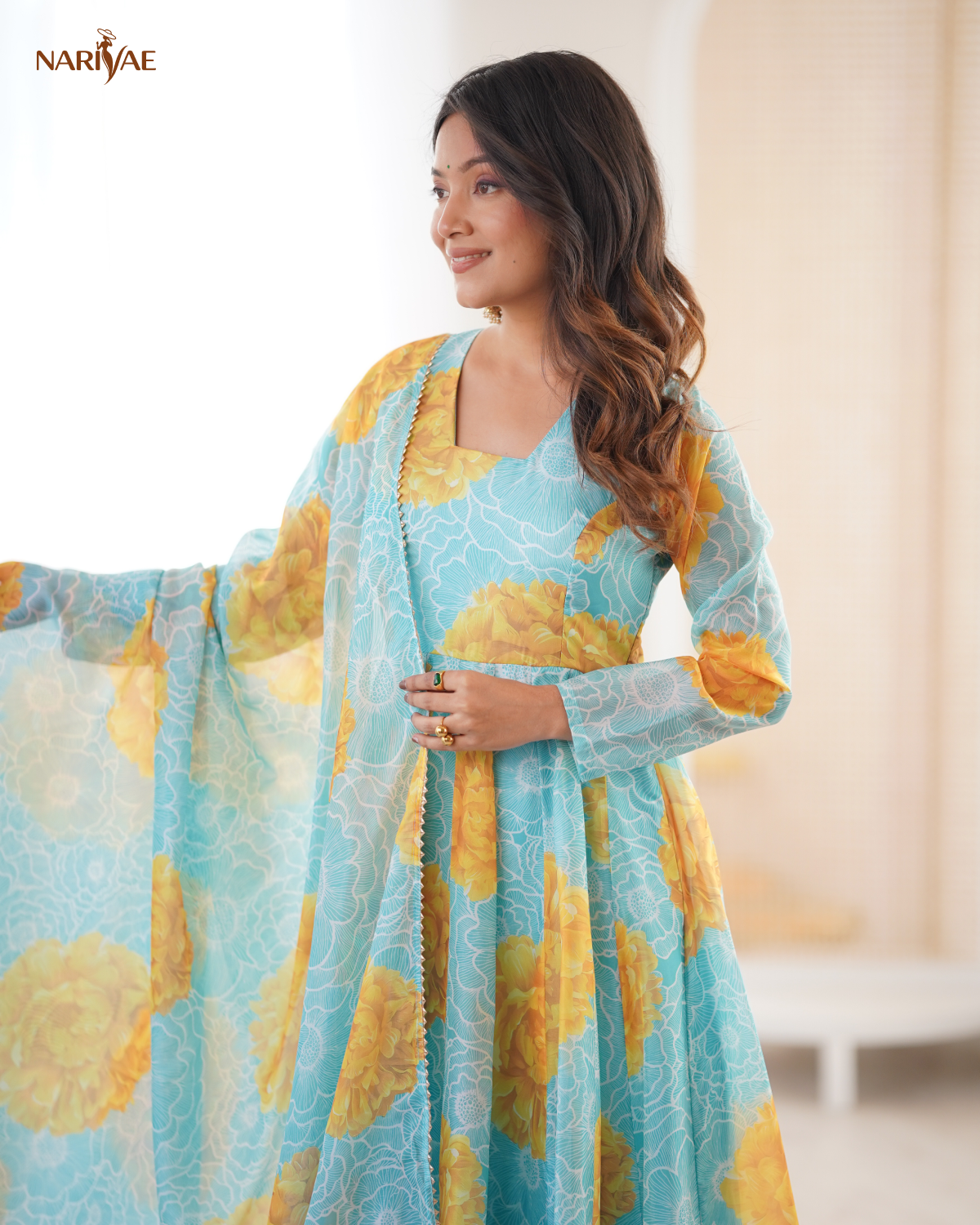 Floral Print Organza Anarkali Suit Set with Dupatta & Pant | Kali Cut 4 Meter Flare with Canvas Patta | Fully Stitched Ready to Wear Ethnic Set for Women